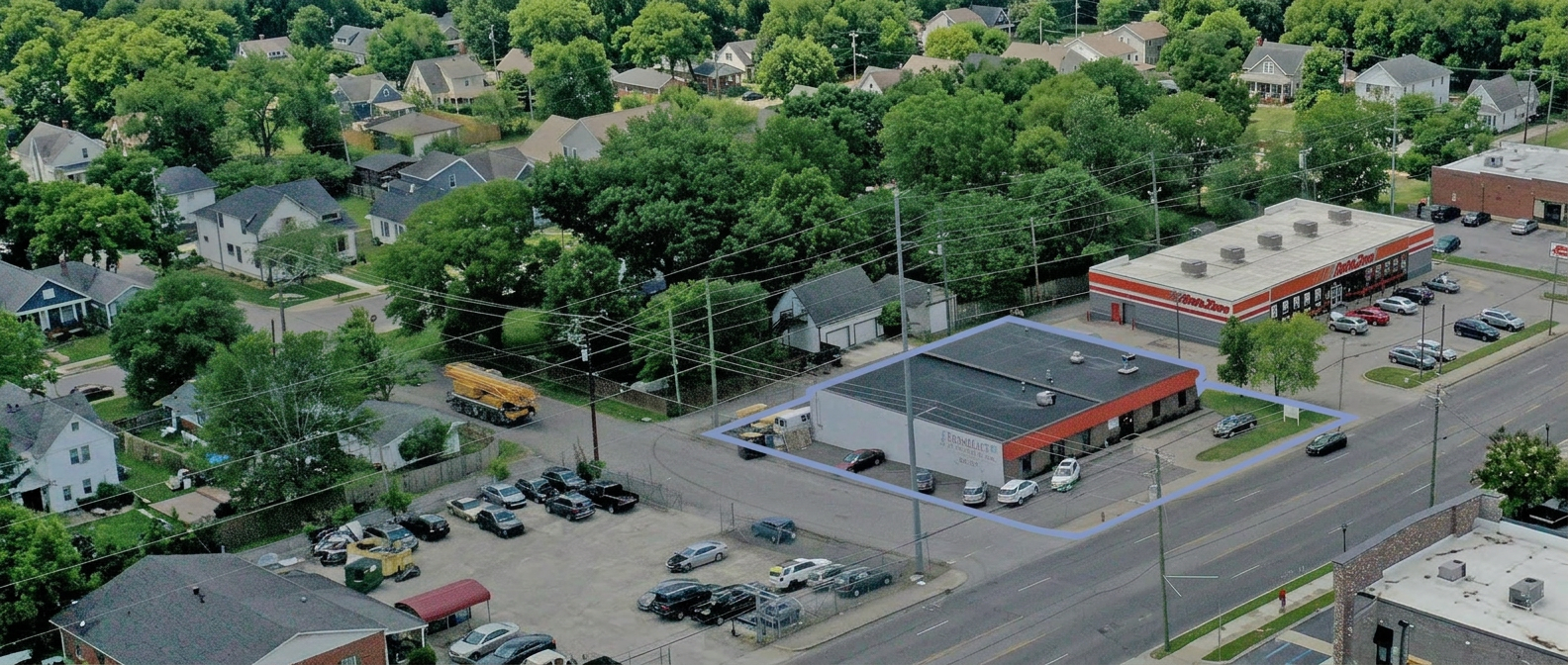 Aerial of 3901-3905 Charlotte Avenue showing the property and Charlotte Avenue corridor