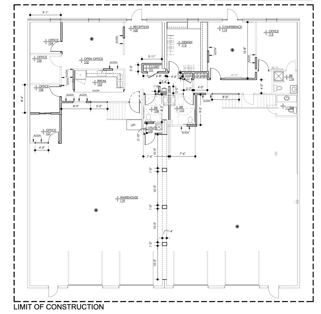 Architectural floor plan of 3901-3905 Charlotte Avenue showing reception, private offices, conference, design, break room, restrooms, and rear warehouse